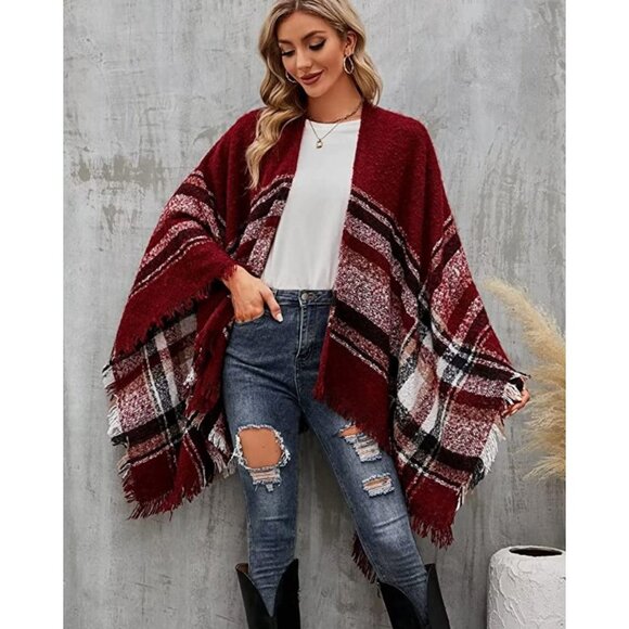 Red Checker Print Knit Tassel Poncho Fringed‎ Shawl Cape Pashmina Wrap Sweater - Picture 3 of 5
